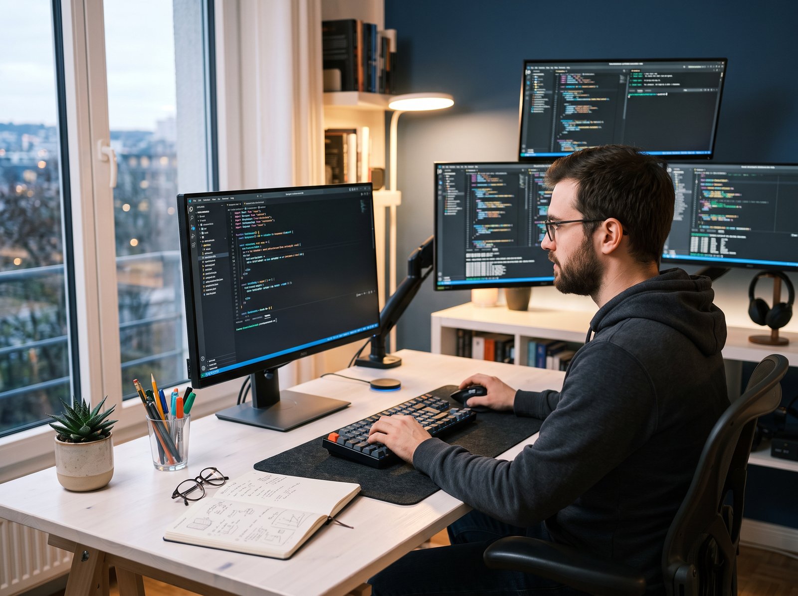 Web developer working on code across multiple computer monitors