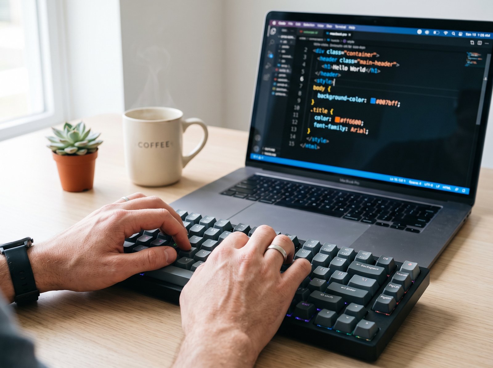 Web developer coding on a laptop at a desk