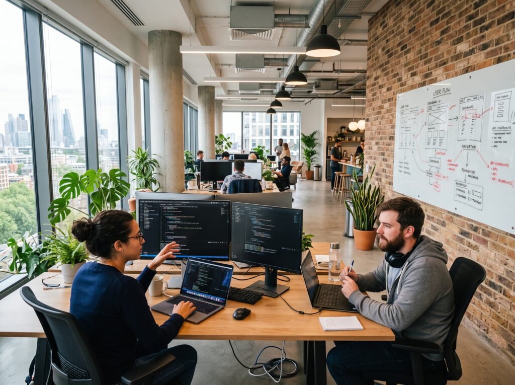 Web development team working together on website coding in a modern office