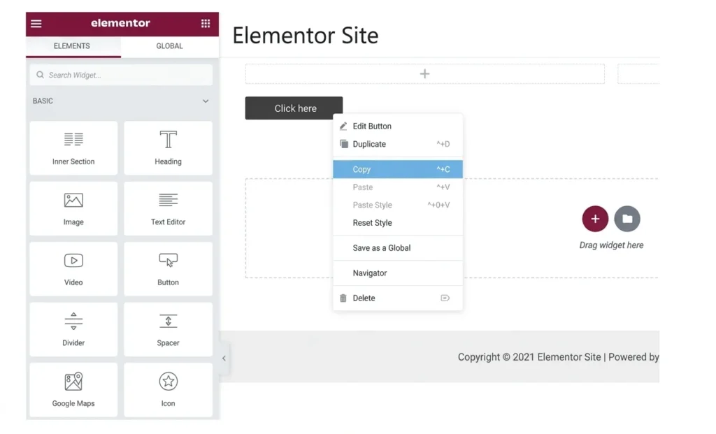Elementor page builder interface in WordPress displaying a button widget's context menu with the "Copy" option highlighted in blue.