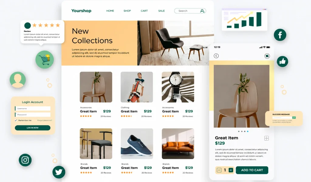 Modern ecommerce website UI showing a product storefront, new collections banner, product grid, login panel, reviews, analytics, social media icons, and mobile product details with add-to-cart controls.