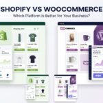 Shopify vs WooCommerce comparison graphic showing both e-commerce platforms, online store interfaces, dashboards, analytics, products, and payment options.