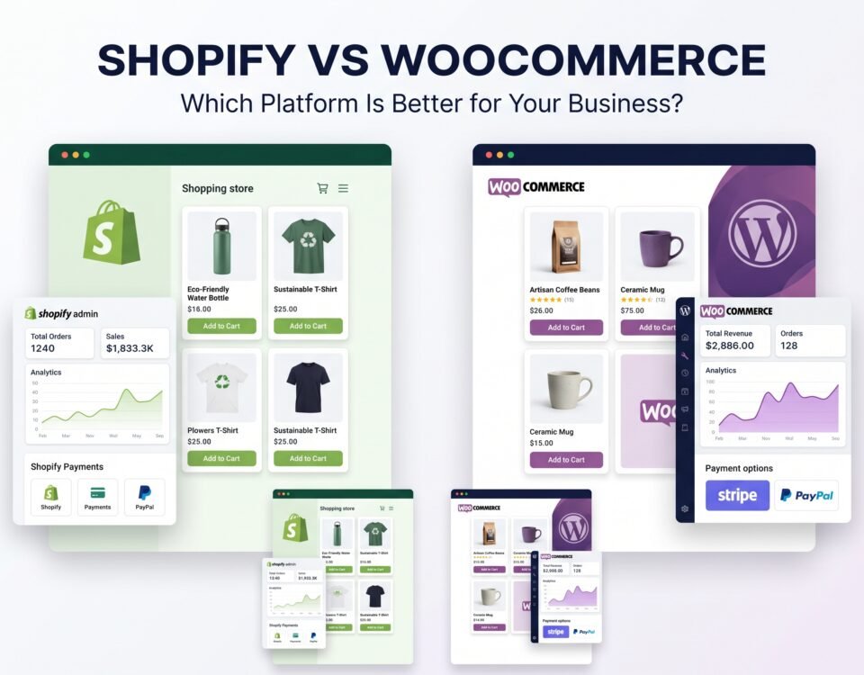 Shopify vs WooCommerce comparison graphic showing both e-commerce platforms, online store interfaces, dashboards, analytics, products, and payment options.