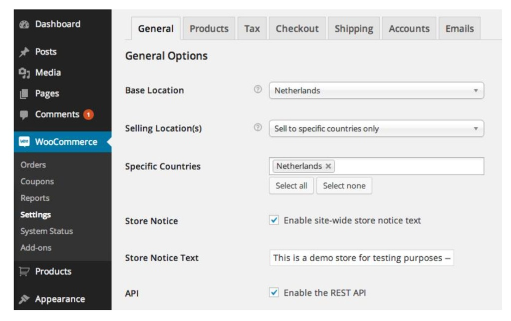 WooCommerce General Options settings page in WordPress showing location configurations set to Netherlands and store notice settings enabled.