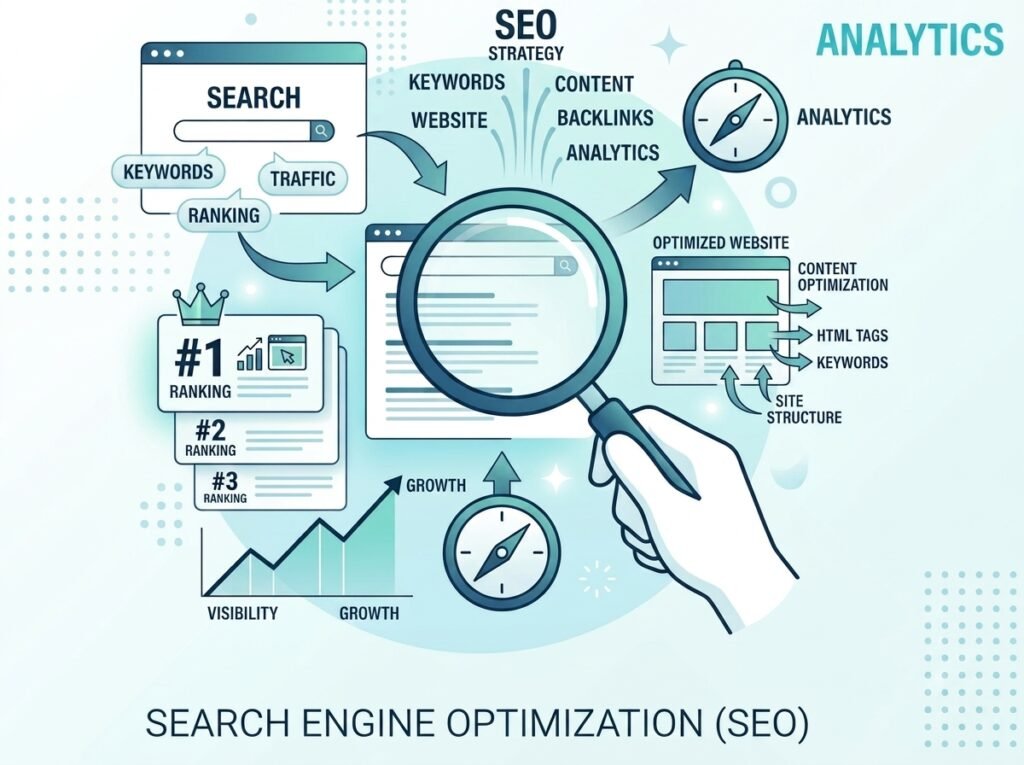 SEO strategy with keyword research, website optimization, rankings, analytics and organic growth