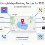 **Alt Text:** Infographic titled “Google Maps Ranking Factors for 2026” showing key local SEO factors for a local business, including proximity and service area, Google Business Profile completeness, primary category and services, customer reviews, photos and media, citations and NAP, engagement signals such as calls and directions, and local links. A Google Maps location pin and map are displayed in the center.