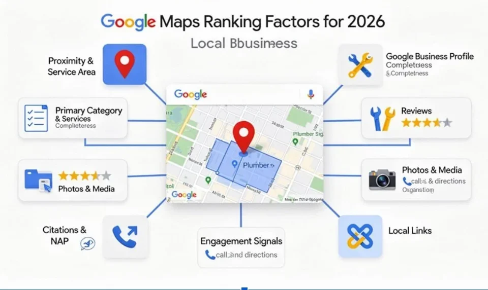 **Alt Text:** Infographic titled “Google Maps Ranking Factors for 2026” showing key local SEO factors for a local business, including proximity and service area, Google Business Profile completeness, primary category and services, customer reviews, photos and media, citations and NAP, engagement signals such as calls and directions, and local links. A Google Maps location pin and map are displayed in the center.