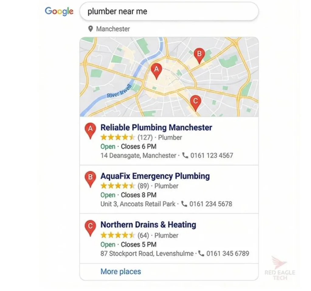 **Alt Text:**
Illustration of a Google search for “plumber near me” in Manchester, showing three local plumbing businesses on a map. The results include business names, star ratings, review counts, opening hours, addresses, and phone numbers, demonstrating how local businesses appear in Google Maps search results.