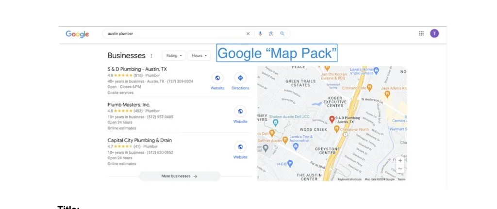 Google Maps “Map Pack” showing three local plumbing businesses and their locations on a map.