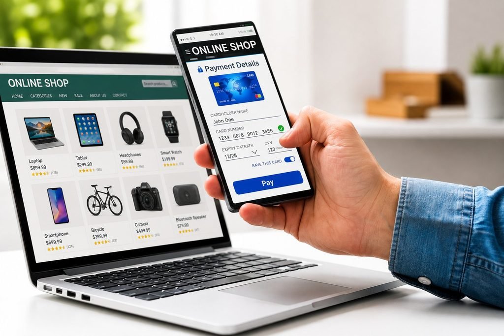 Online shopping and mobile payment scene showing a smartphone payment screen beside a laptop displaying an online store product catalog.