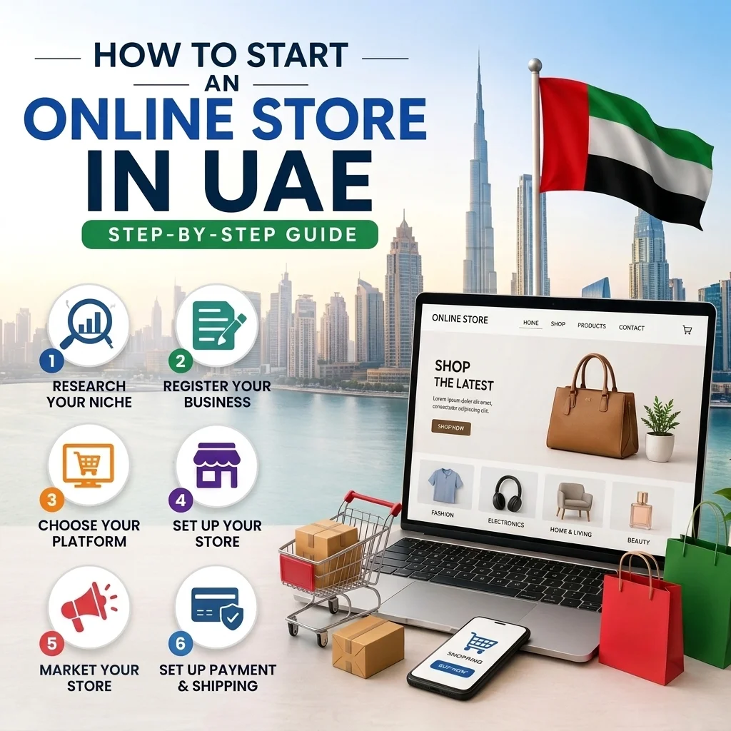 How to start an online store in UAE step-by-step guide featuring Dubai skyline, UAE flag, online shopping website, laptop, shopping cart, packages, and ecommerce setup steps.