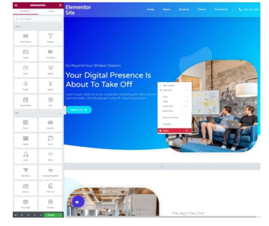 Elementor page builder editor interface displaying a website layout with a hero section titled "Your Digital Presence Is About To Take Off" and a right-click context menu active.