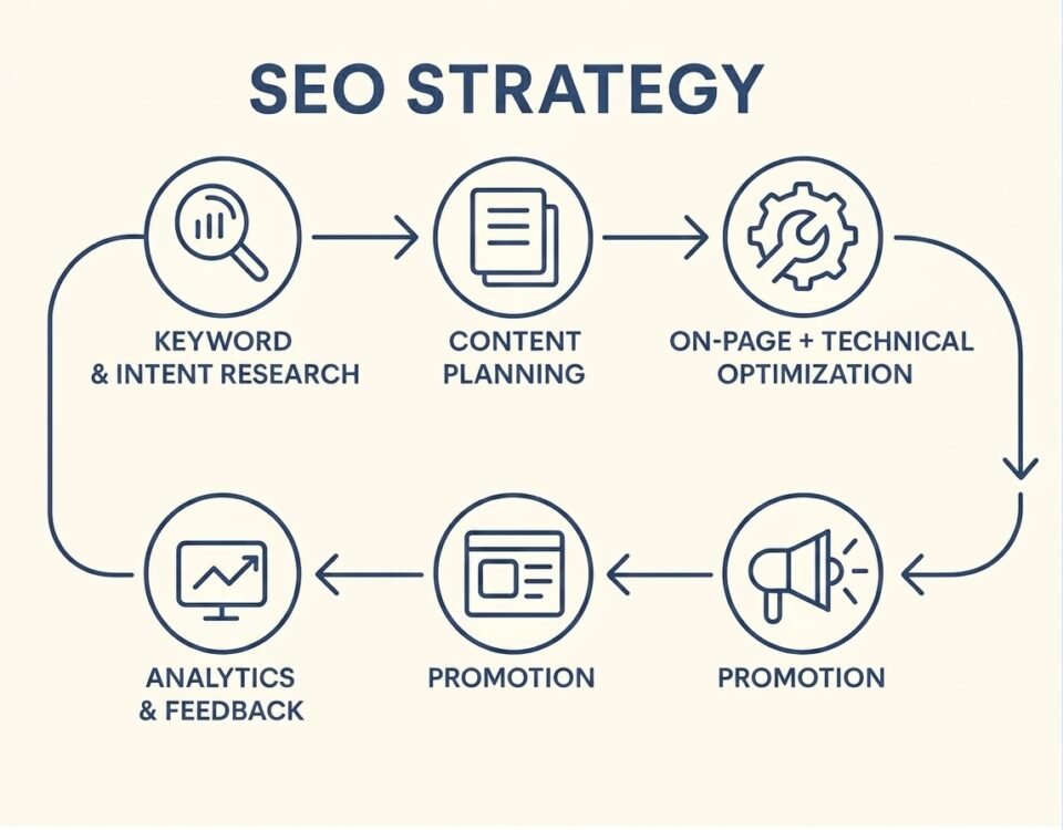 SEO strategy including keyword research, content planning, on-page and technical optimization