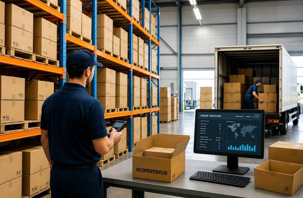 Modern e-commerce fulfillment warehouse with inventory racks, shipping boxes, worker scanning products, delivery truck, and order tracking dashboard on a computer.
